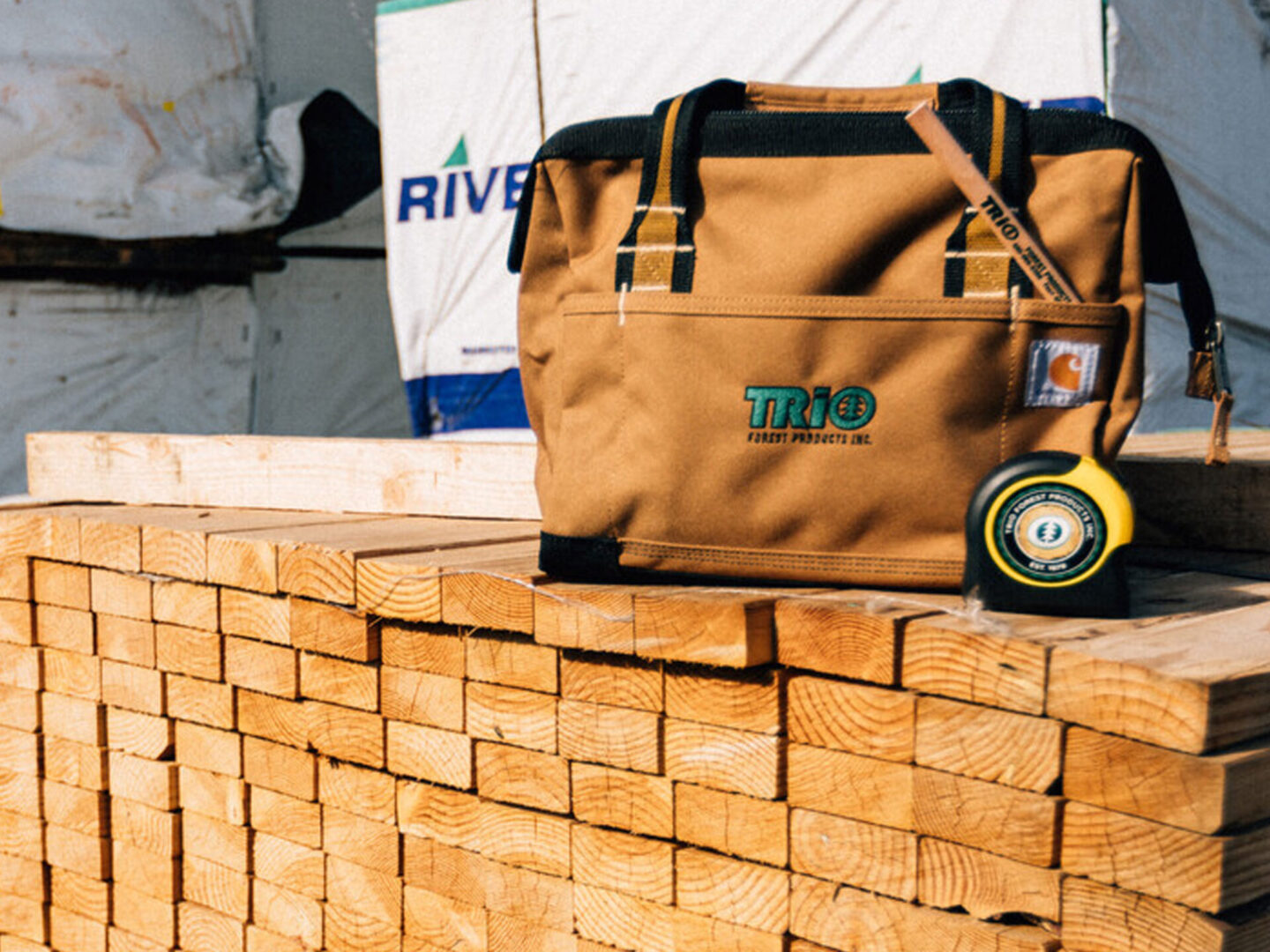 Brown bag and measuring tape on planks