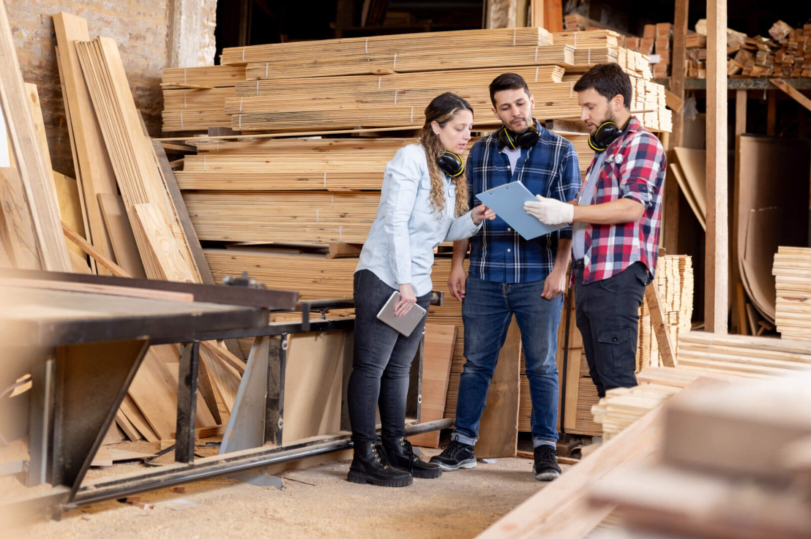 Team planning woodworking project together.