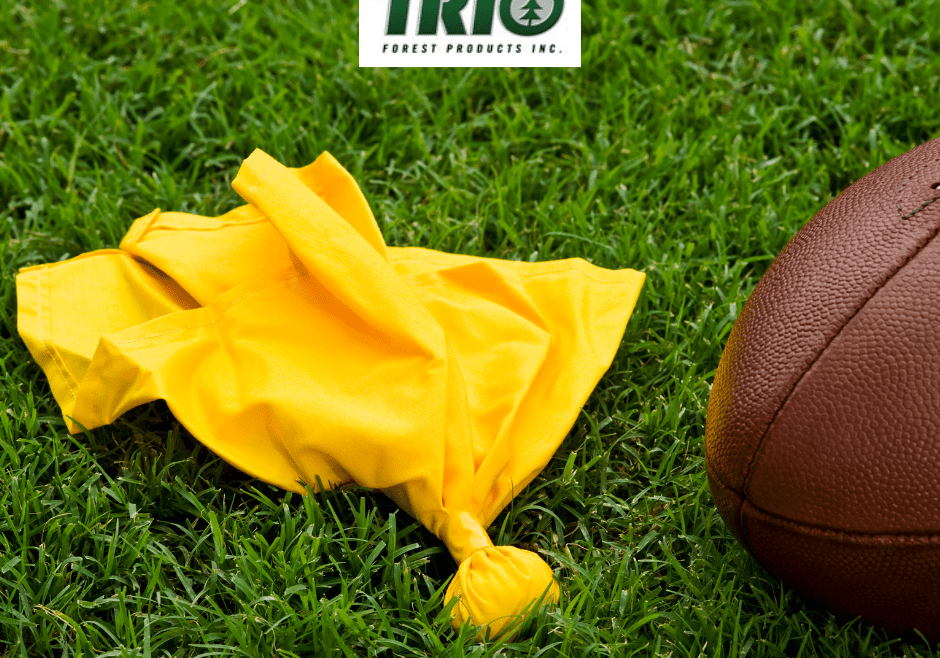 Football and penalty flag on grass