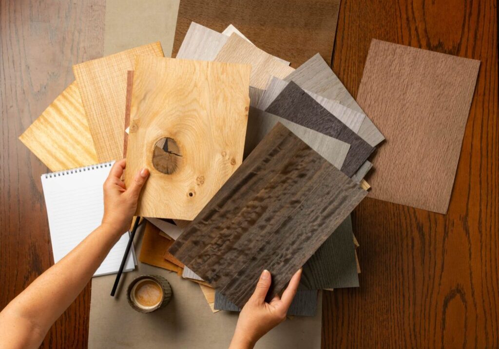 Hands examining wood texture samples